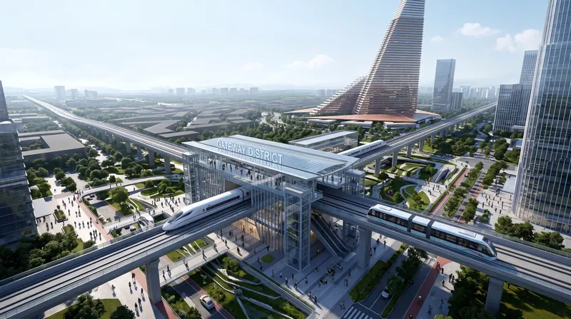 Эстакададағы пойыздары бар Gateway District станциясы, артында кешен мұнаралары