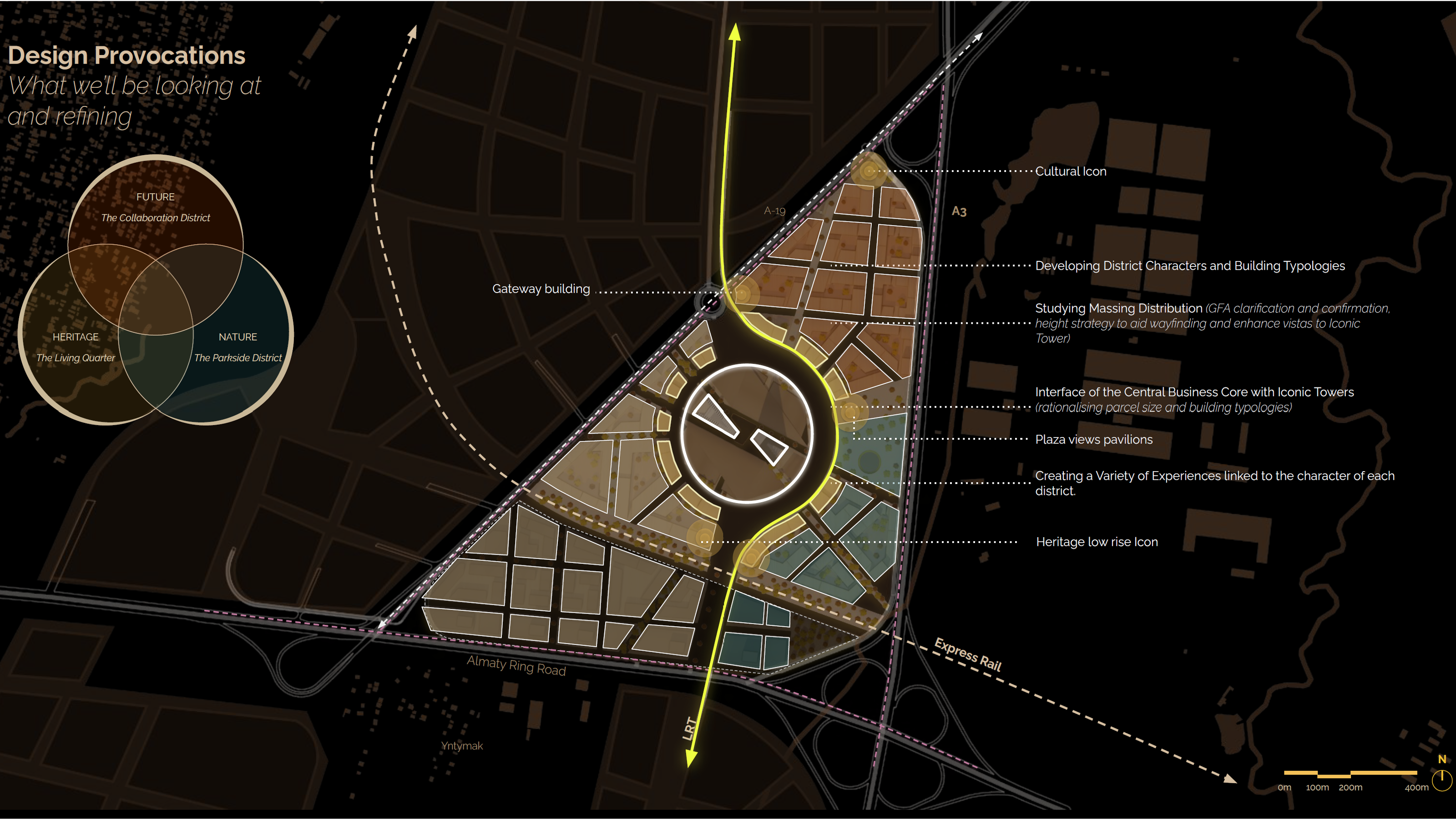 Схема Gateway District: центральная площадь Iconic Complex, трасса А3 и транспортные линии