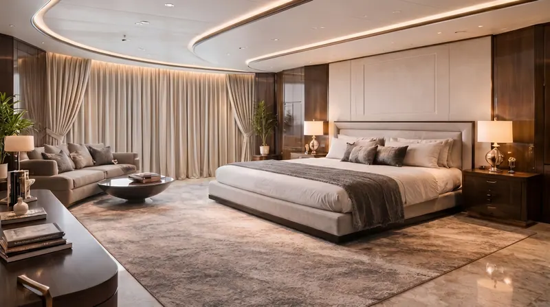 Үлкен төсегі, диваны және еденге дейінгі перделері бар кең нөмір